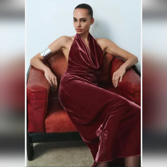 Zara Bloggers Favorite Raspberry Velvet Halter Dress Size Small - Picture 1 of 13